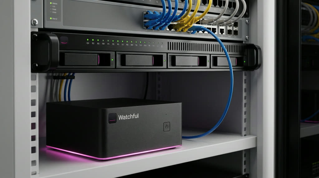 The Watchful Box on a network rack shelf, one cable to the existing switch.