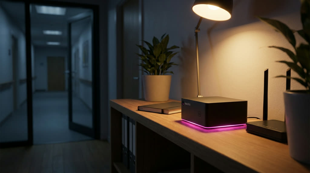 The Watchful Box Pro on a desk in a quiet office at night, the router dark.