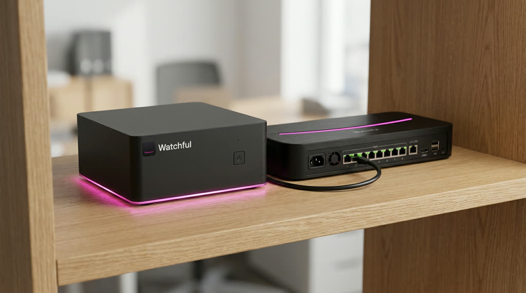 The Watchful Box beside a PoE switch with camera cables plugged in.