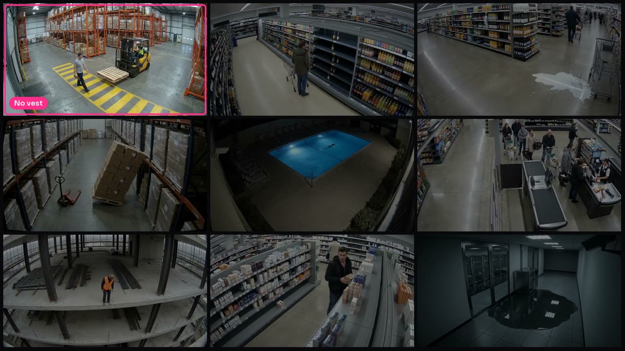 A wall of camera views from a warehouse and a store, every one watched.