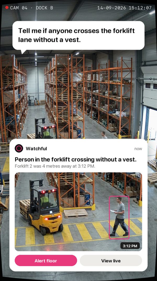 Tell me if anyone crosses the forklift lane without a vest. Alert: Person in the forklift crossing without a vest. Forklift 2 was 4 metres away at 3:12 PM.