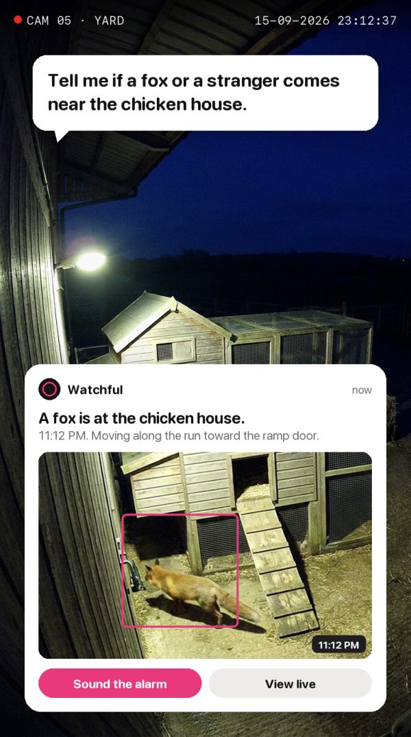 Tell me if a fox or a stranger comes near the chicken house. Alert: a fox is at the chicken house.