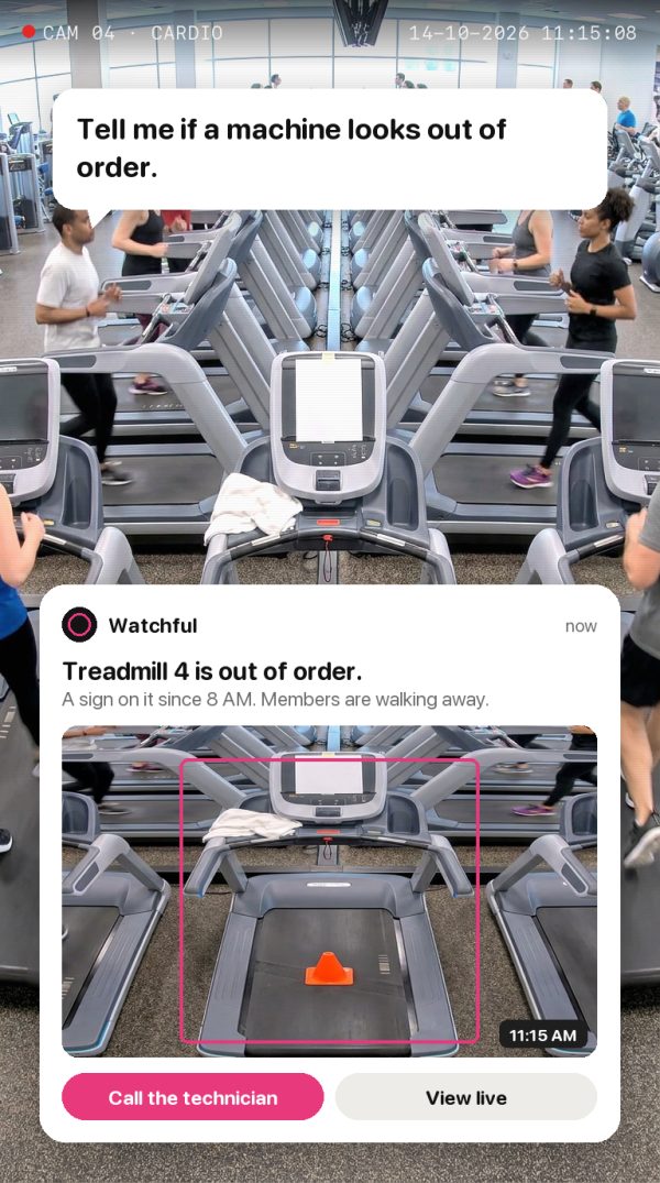 Tell me if a machine looks out of order. Alert: Treadmill 4 is out of order. A sign on it since 8 AM. Members are walking away.