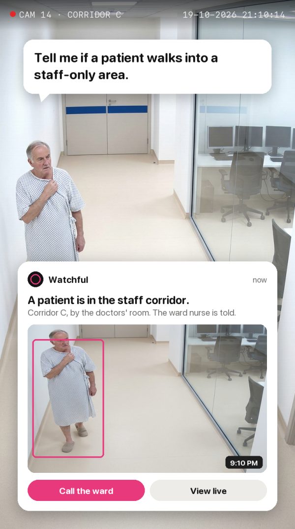 Tell me if a patient walks into a staff-only area. Alert: A patient is in the staff corridor. Corridor C, by the doctors' room. The ward nurse is told.