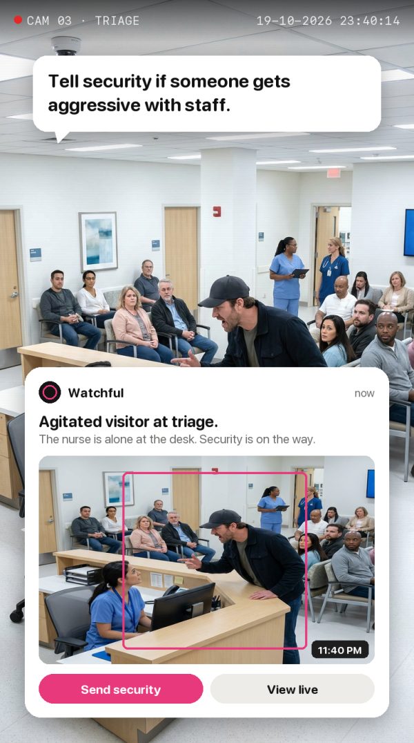 Tell security if someone gets aggressive with staff. Alert: Agitated visitor at triage. The nurse is alone at the desk. Security is on the way.