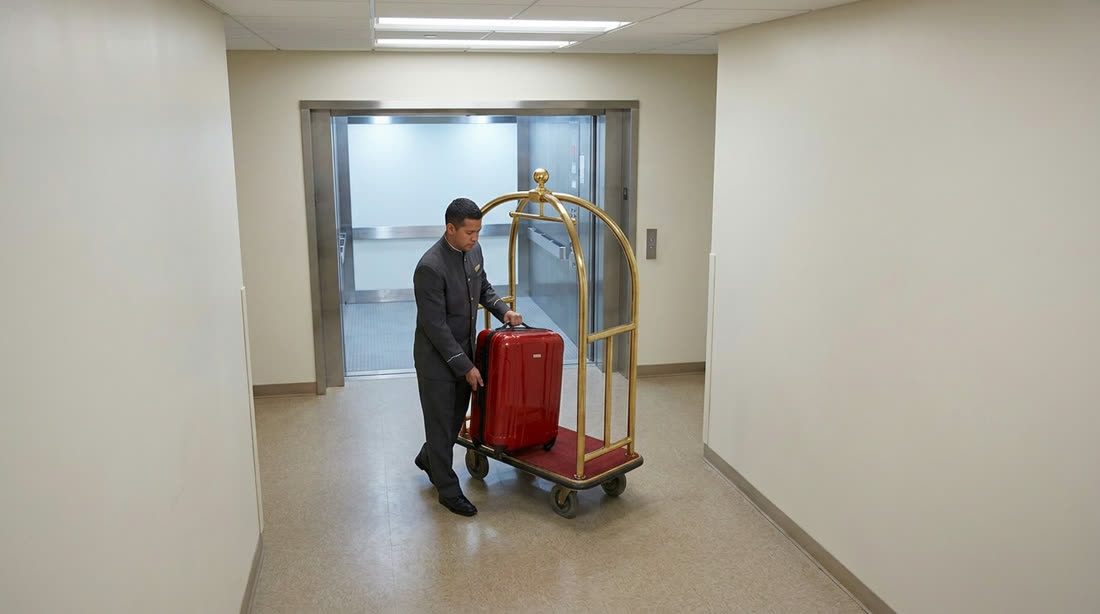 The same porter pushes the trolley with the red suitcase into the service lift in a back corridor.