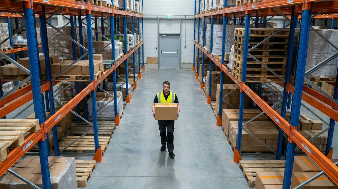 The same worker carries the same orange-taped box down an aisle between pallet racks towards the storage room door.