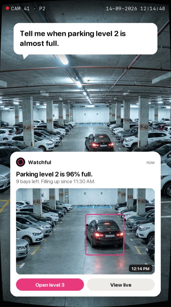 Tell me when parking level 2 is almost full. Alert: Parking level 2 is 96% full. 9 bays left. Filling up since 11:30 AM.
