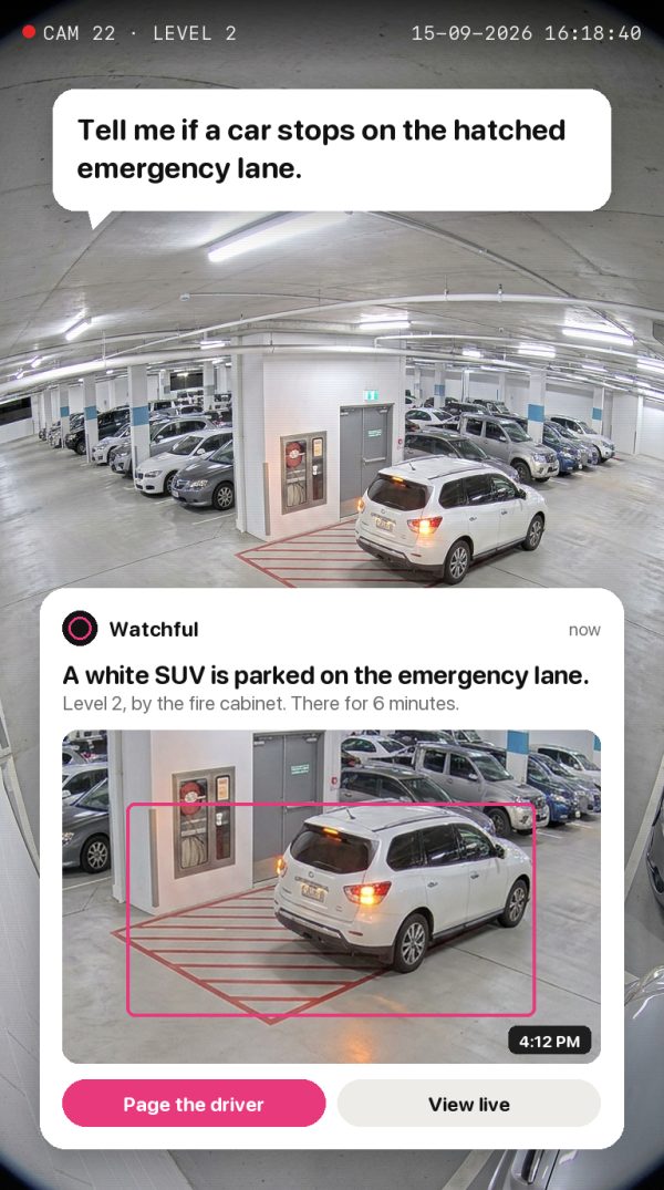 Tell me if a car stops on the hatched emergency lane. Alert: A white SUV is parked on the emergency lane. Level 2, by the fire cabinet. There for 6 minutes.