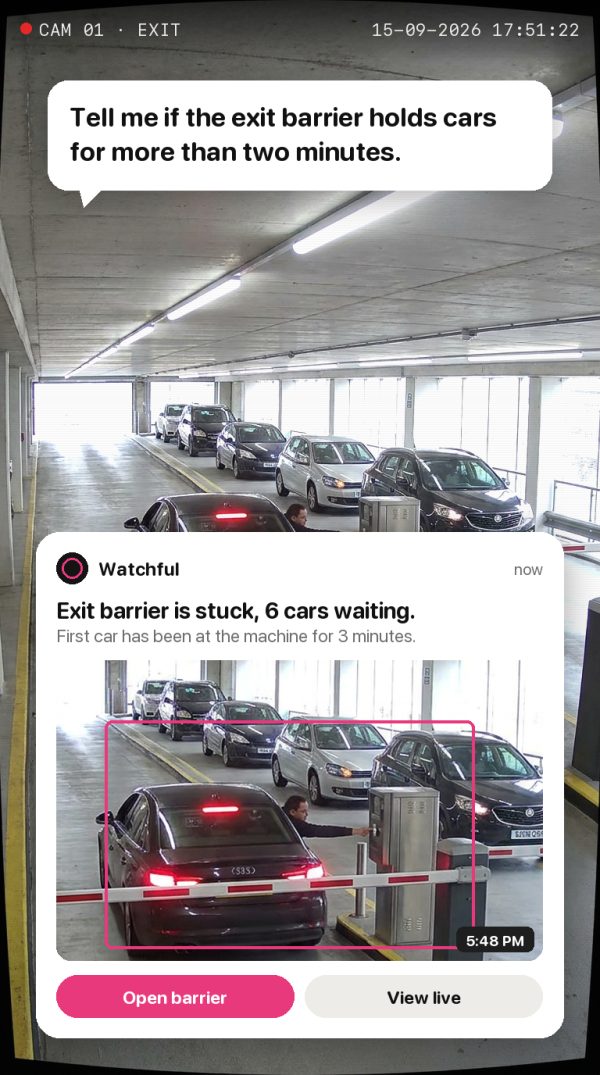 Tell me if the exit barrier holds cars for more than two minutes. Alert: Exit barrier is stuck, 6 cars waiting. First car has been at the machine for 3 minutes.