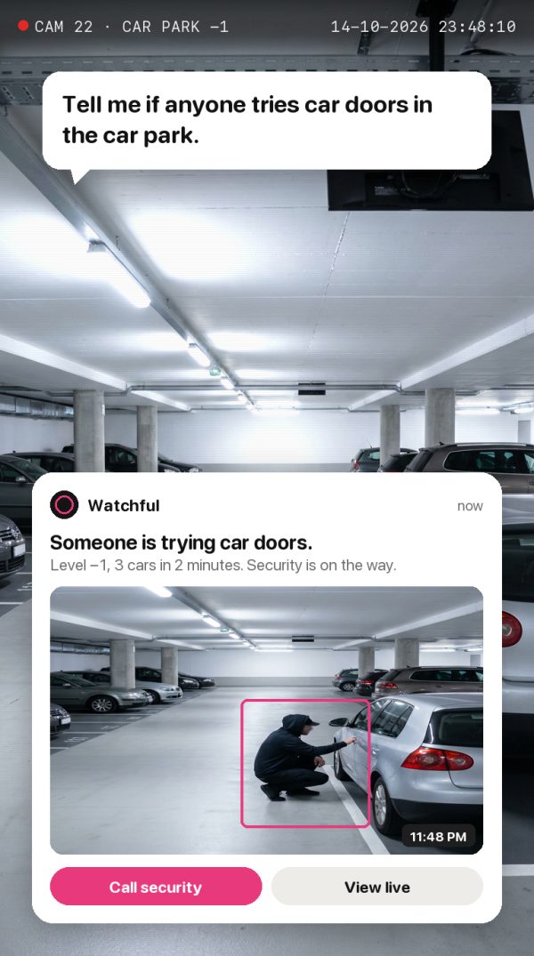 Tell me if anyone tries car doors in the car park. Alert: Someone is trying car doors. Level −1, 3 cars in 2 minutes. Security is on the way.