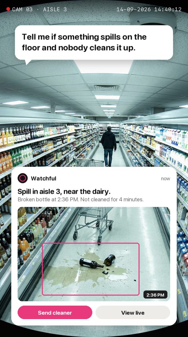Tell me if something spills on the floor and nobody cleans it up. Alert: Spill in aisle 3, near the dairy. Broken bottle at 2:36 PM. Not cleaned for 4 minutes.