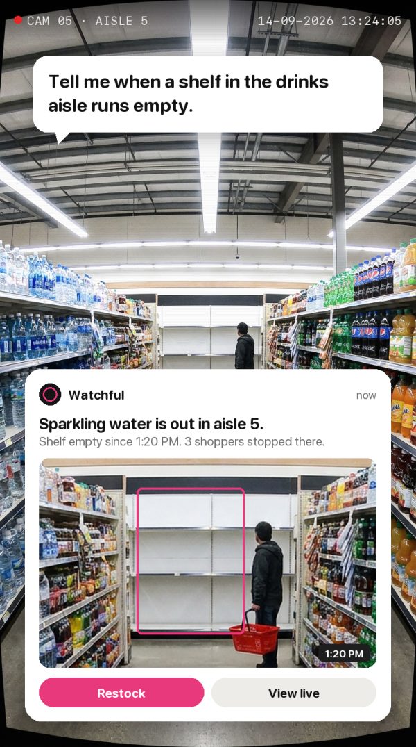 Tell me when a shelf in the drinks aisle runs empty. Alert: Sparkling water is out in aisle 5. Shelf empty since 1:20 PM. 3 shoppers stopped there.