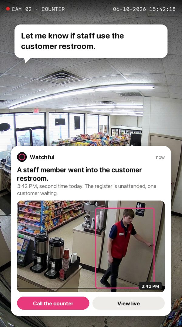 Let me know if staff use the customer restroom. Alert: A staff member went into the customer restroom. 3:42 PM, second time today. The register is unattended, one customer waiting.