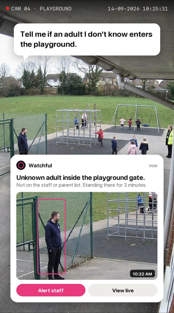 Tell me if an adult I don't know enters the playground. Alert: Unknown adult inside the playground gate. Not on the staff or parent list. Standing there for 3 minutes.