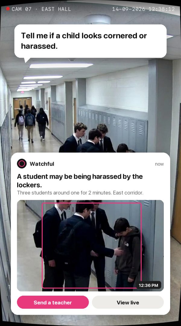 Tell me if a child looks cornered or harassed. Alert: A student may be being harassed by the lockers. Three students around one for 2 minutes. East corridor.