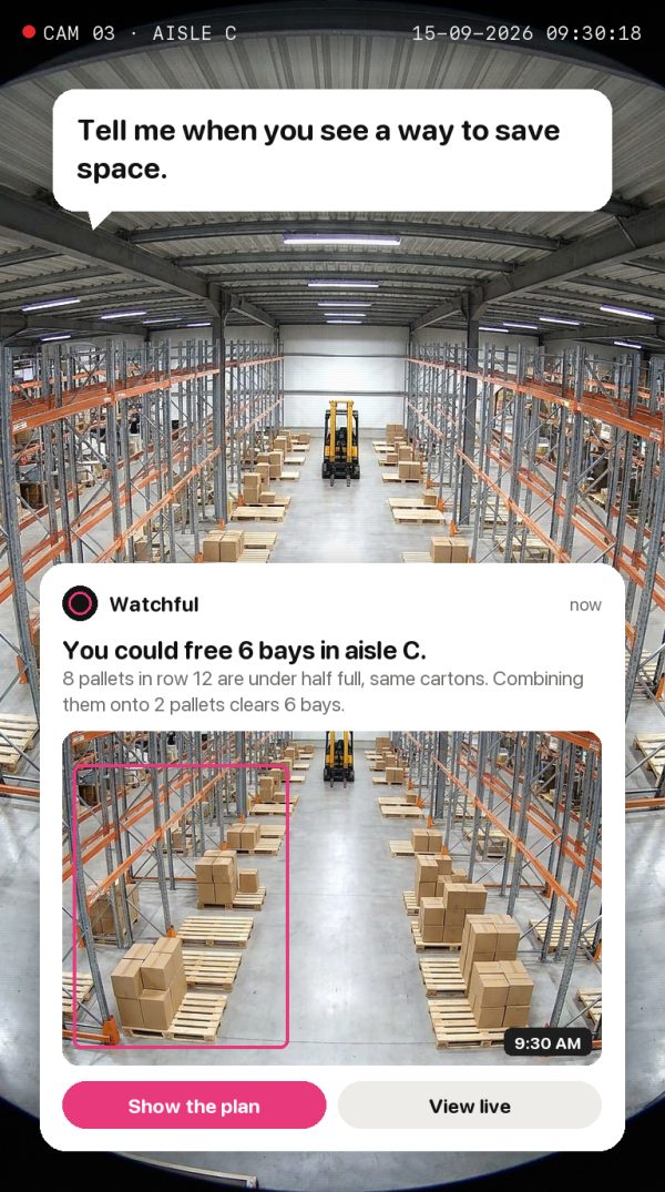 Tell me when you see a way to save space. Alert: You could free 6 bays in aisle C. 8 pallets in row 12 are under half full, same cartons. Combining them onto 2 pallets clears 6 bays.