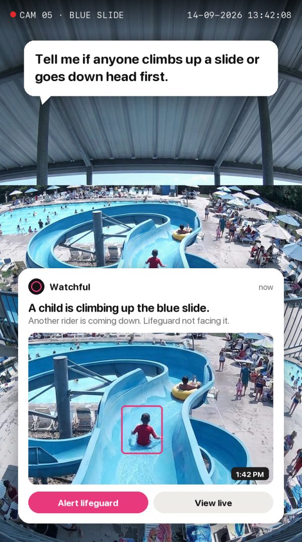 Tell me if anyone climbs up a slide or goes down head first. Alert: A child is climbing up the blue slide. Another rider is coming down. Lifeguard not facing it.