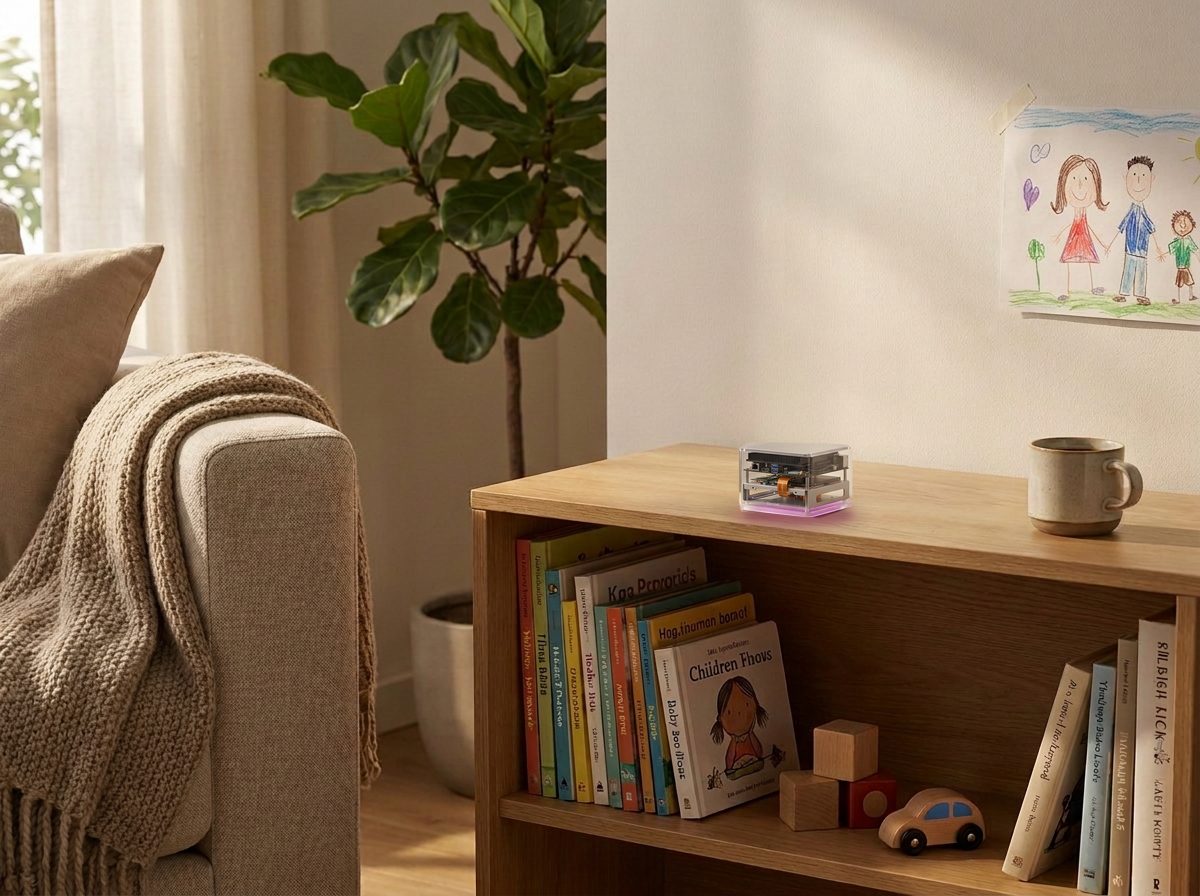 The glass box on a low bookshelf in a family living room, children's books below, a knitted throw on the sofa.