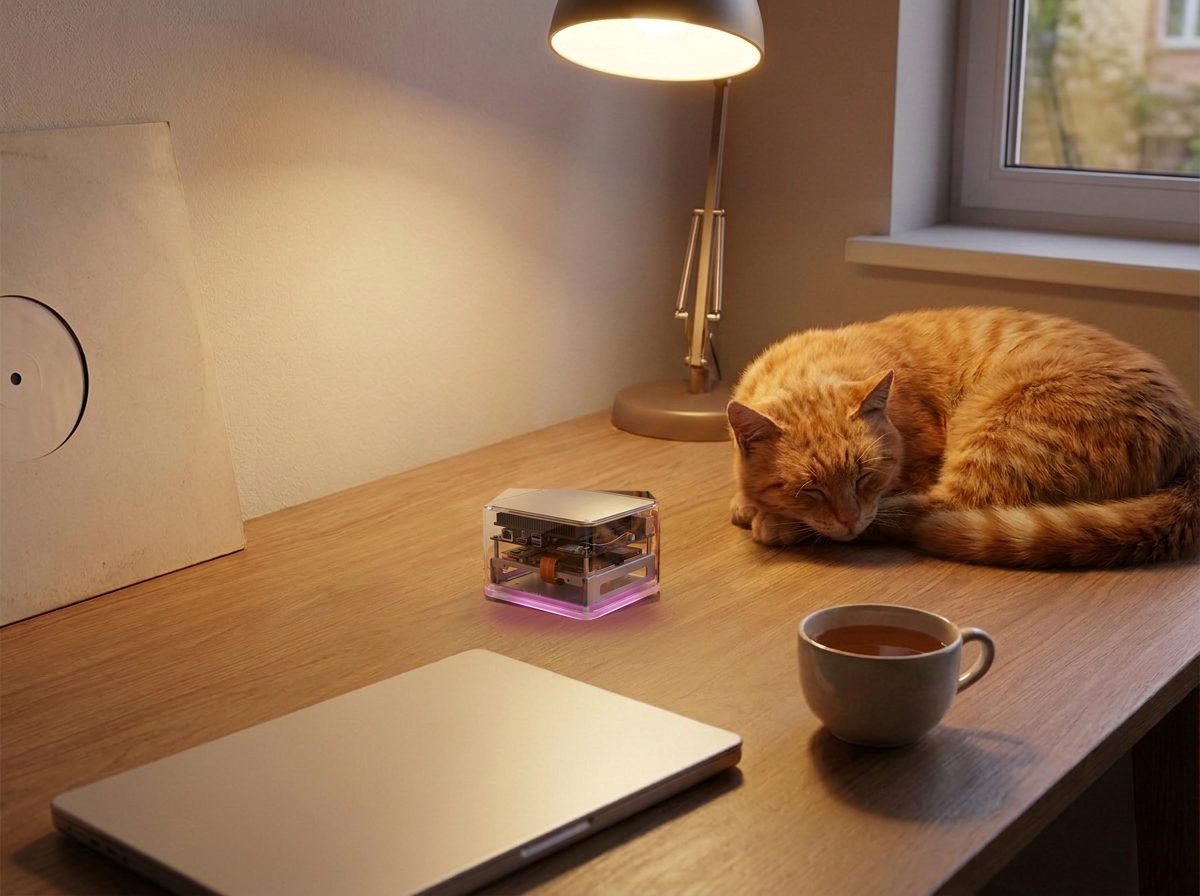 The glass box on a studio desk at dusk, a ginger cat asleep beside it in its pink glow.